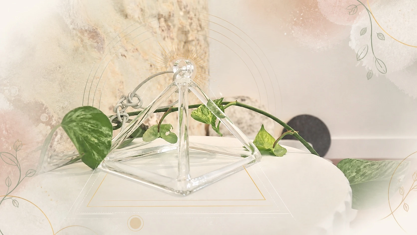Crystal pyramid with foliage and delicate botanical artwork