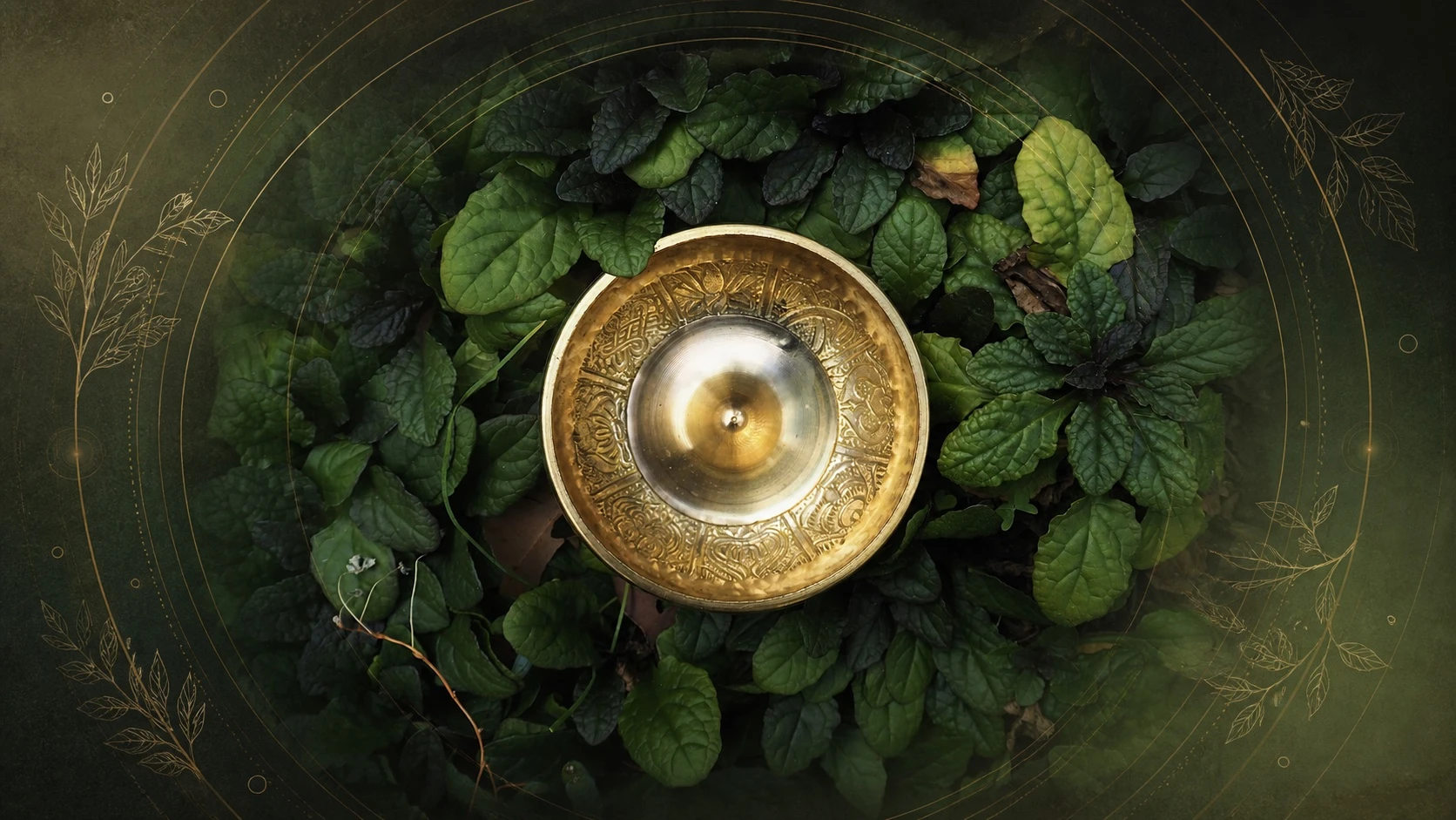 Singing bowl among green leaves, framed by gold line artwork