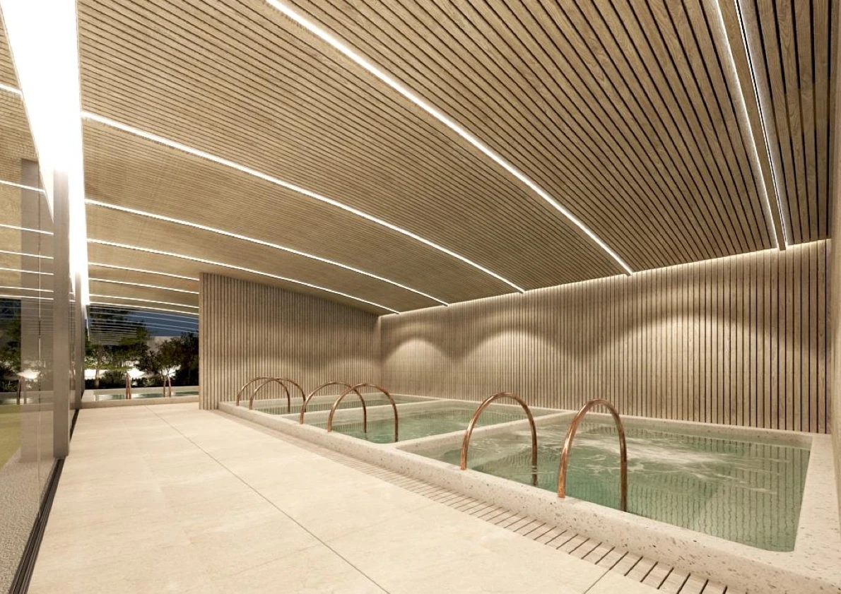 Architectural visualisation of CORE’s proposed Onsen pools and timber-lined recovery space
