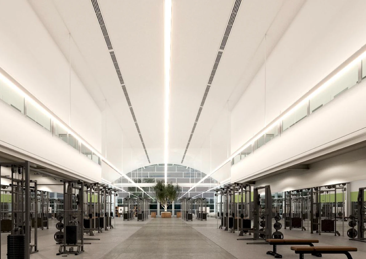 Architectural visualisation of the proposed CORE strength floor, with equipment arranged around a central walkway